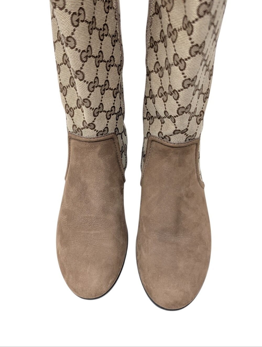 Gucci Monogram Beige Brown Canvas Suede Knee High Flat Riding Boots Size EU 37.5 - Picture 7 of 14